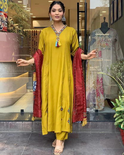 TREMENDOUS YELLOW BEAUTIFUL VISCOSE CHANDERI SUIT SET