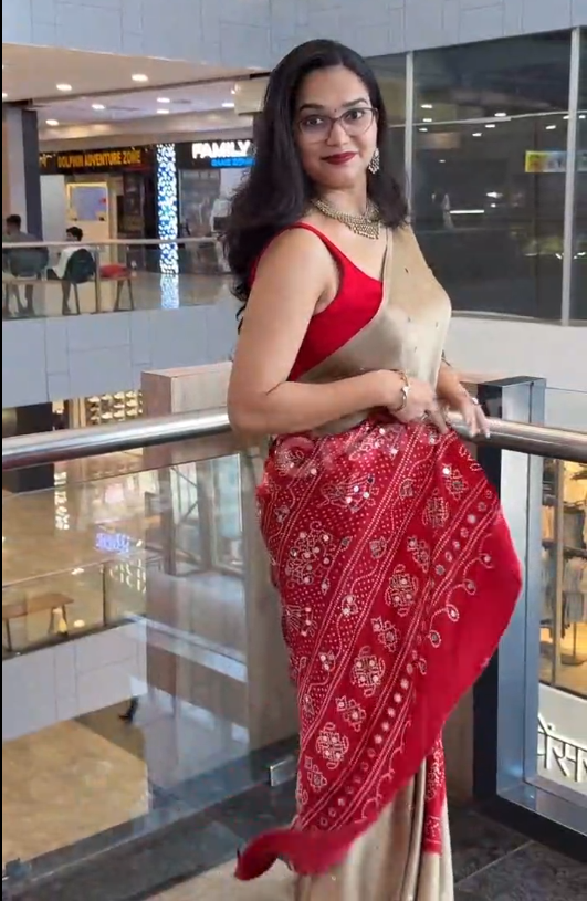 Traditional Beige & Red Pure Gajji Silk Saree with Real Mirror Work