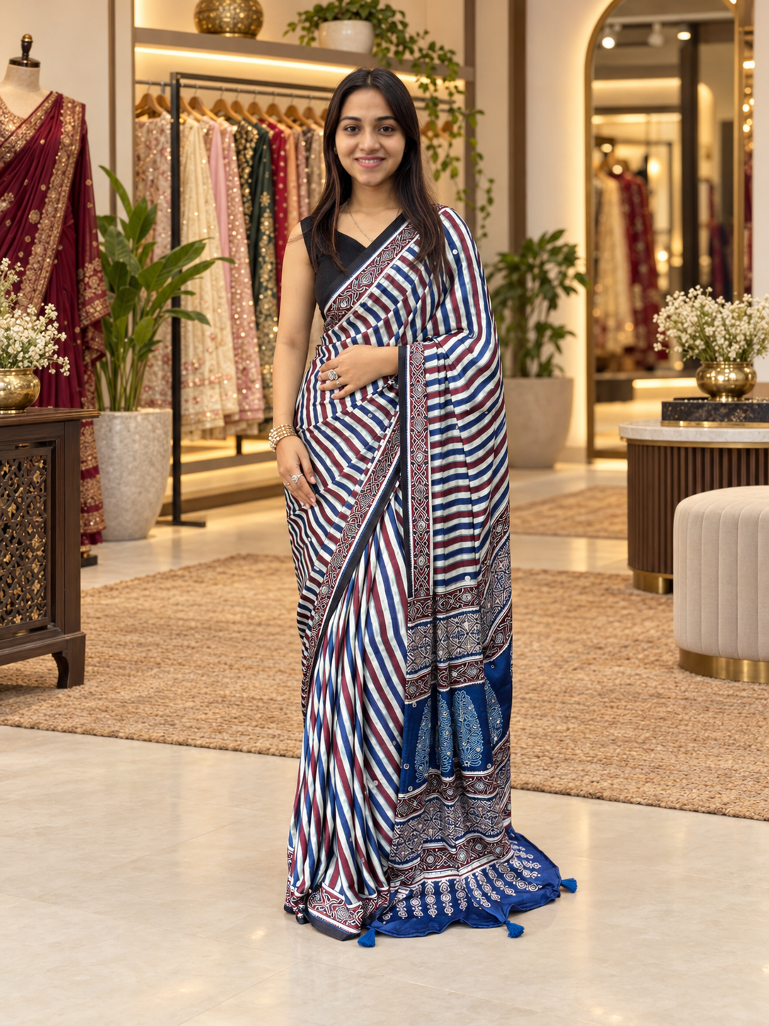 Premium Multi Silk Ajrakh Print Saree with Elegant Pallu