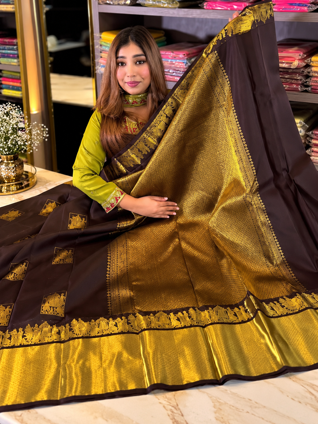 Elegant Brown Soft Banarasi Silk Saree with Snappy Blouse Piece
