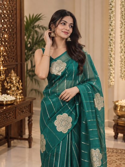 Festive Green Linen Silk Saree With Gold Zari & Demanding Blouse Piece