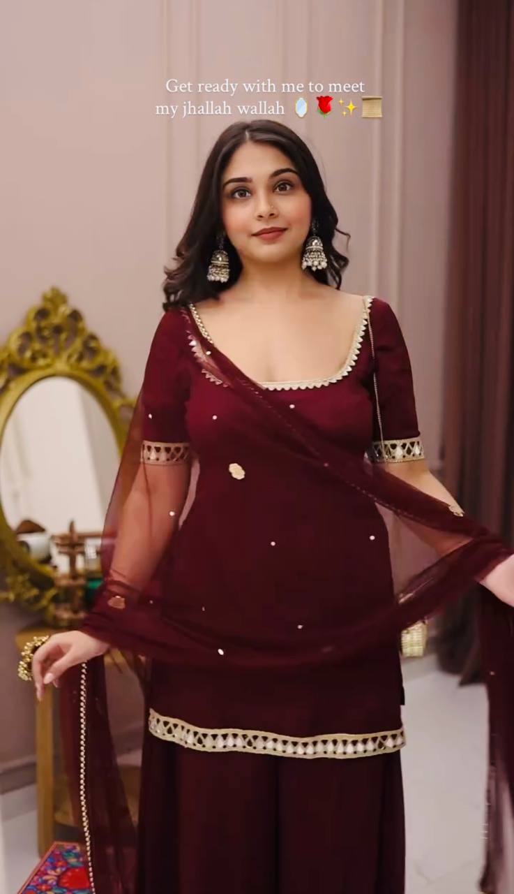 Very Beautiful Maroon Heavy Faux Georgette Sharara Suit Set