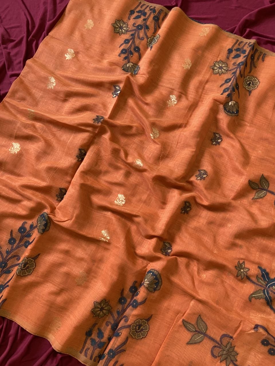 Kiara - Rust Orange Resham Woven Soft Muga Cotton Saree