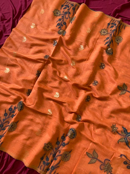 Kiara - Rust Orange Resham Woven Soft Muga Cotton Saree