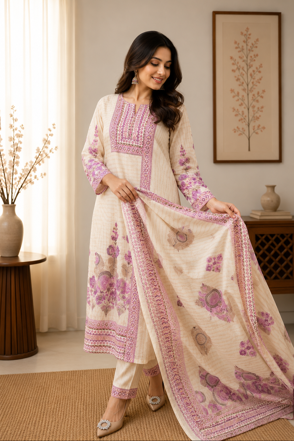 Very Attractive Pure Soft Raspberry Silk Suit Set with Floral Prints and Tassels