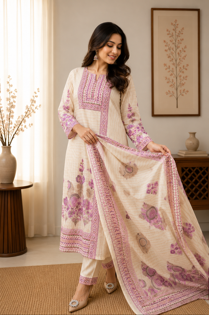 Very Attractive Pure Soft Raspberry Silk Suit Set with Floral Prints and Tassels