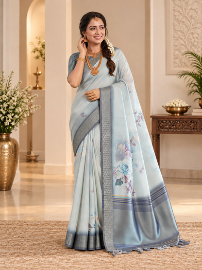 Premium Gray Soft Tissue Silk Saree with Floral Digital Prints