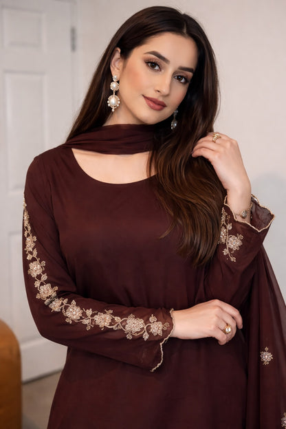 Stylish Brown Faux Georgette Embroidered Suit Set with Dupatta