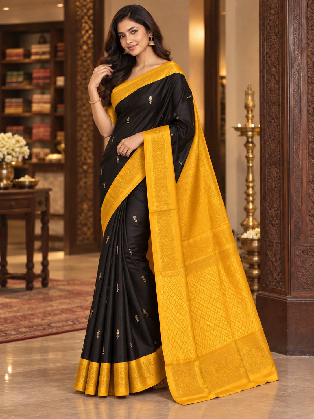 Elegant Black and Golden-Yellow Kanjivaram Style Silk Festive Saree