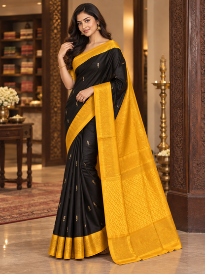 Elegant Black and Golden-Yellow Kanjivaram Style Silk Festive Saree