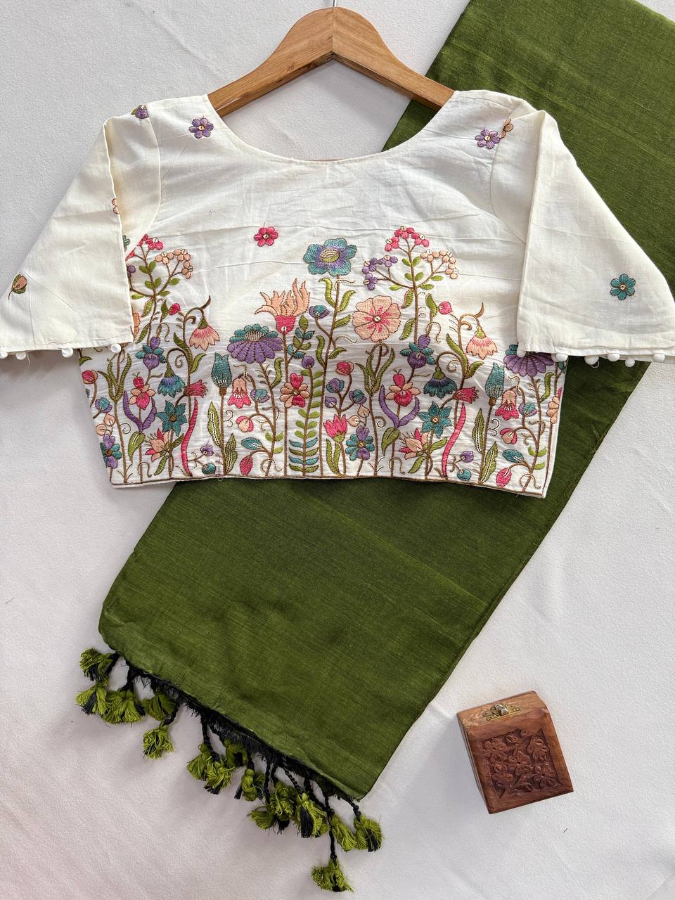 Mahendi Pure Handloom Cotton Saree With Stitched Embroidery Blouse