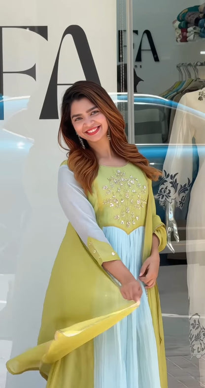 Designer Premium Lime Green & Pastel Blue Pure Mul Chanderi Embroidered Suit Set