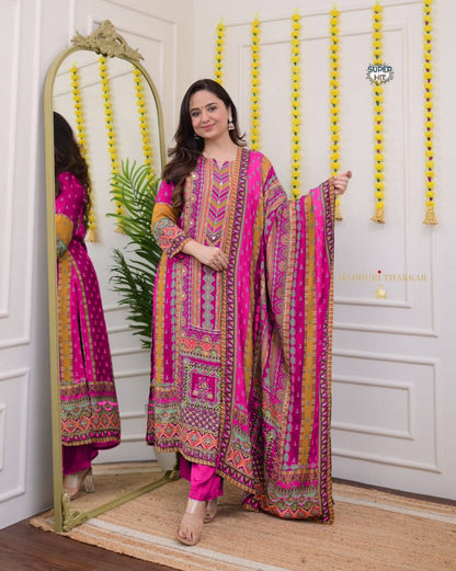 Stylish Pink Printed Muslin Suit Set with Chevron Embroidered Yoke