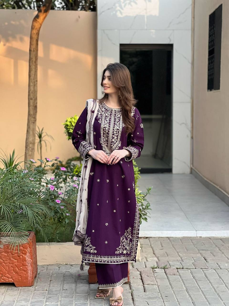 Elegant Royal Purple Faux Georgette Sequence Embroidery Salwar Suit Set