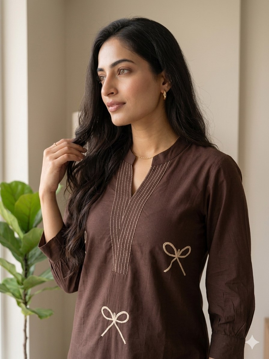 Elegant Mocha Brown Voile Cotton A-Line Tunic Set with Thread Work