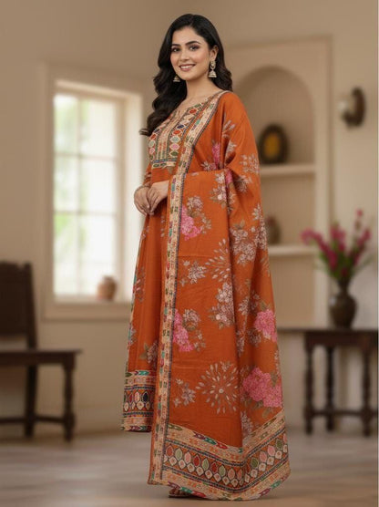 Elegant Rust Orange Soft Muslin Anarkali Salwar Suit Set with Digital Floral Print