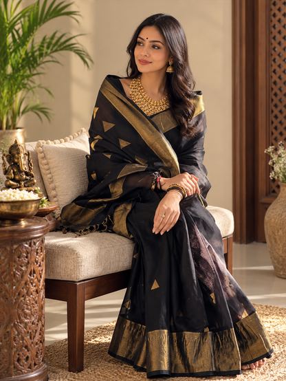 Premium Black Linen Silk Saree with Antique Gold Zari Border