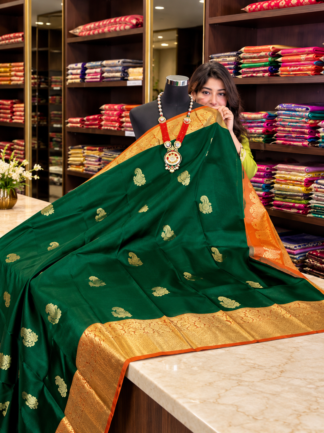 Attractive Dark Green Soft Banarasi Silk Saree with Lovely Blouse Piece
