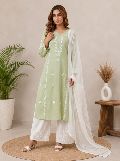 Elegant Sage Green Rayon Embroidered Suit Set With Dupatta