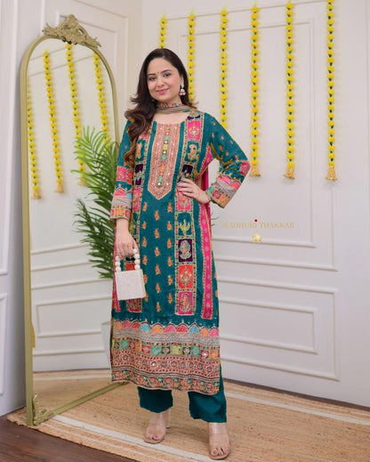 Premium Royal Multi Printed Muslin Suit Set with Embroidered Yoke