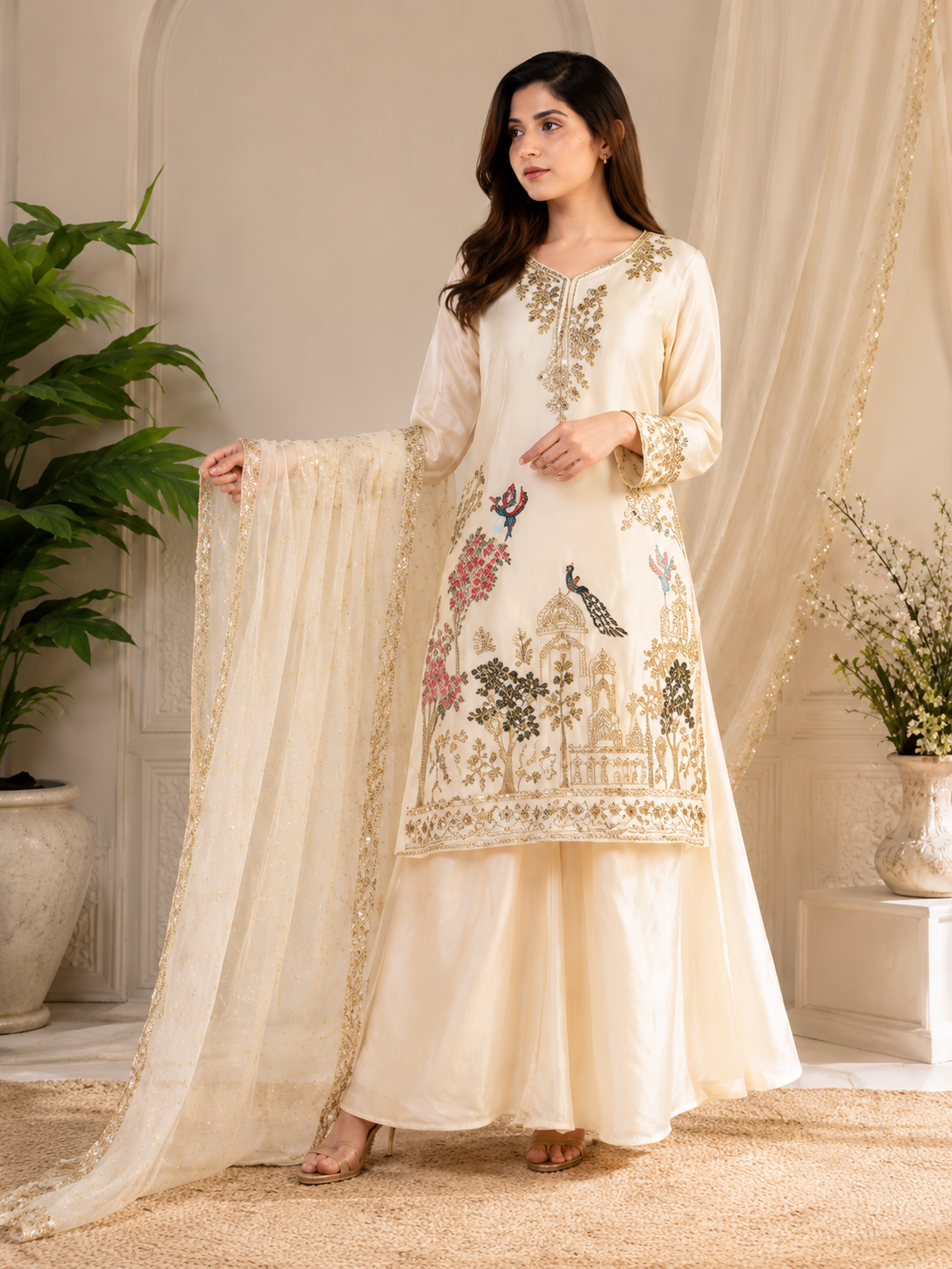 Very Beautiful Cream Fendy Silk Suit Set with Peacock Sequins Embroidery