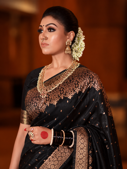 Outstanding Black Soft Banarasi Silk Saree with Heavy Zari Border