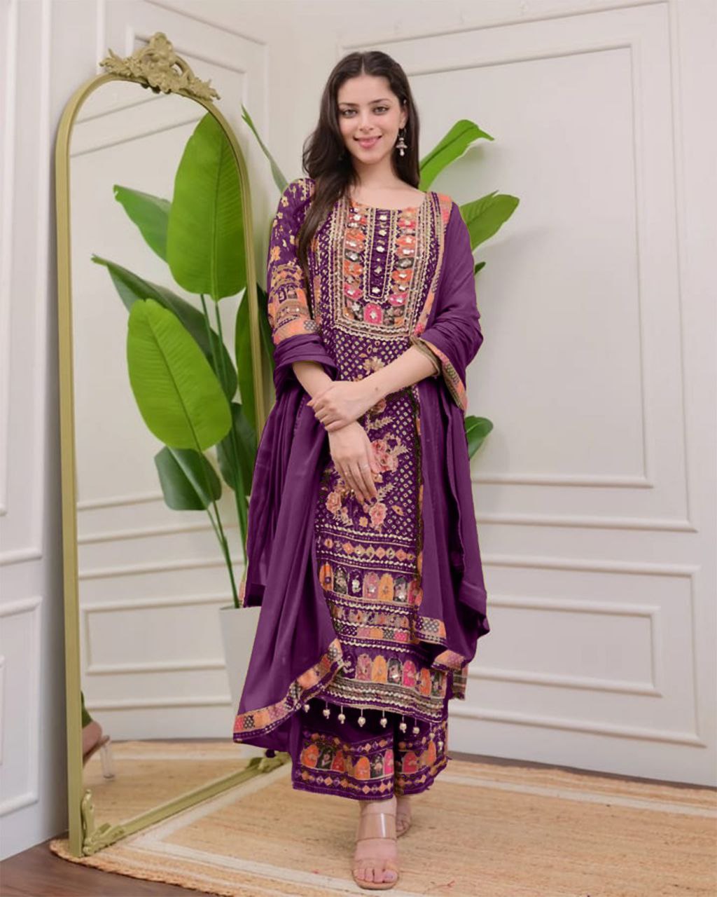 Elegant Purple Printed Model Satin Suit Set with Fancy Mirror Work
