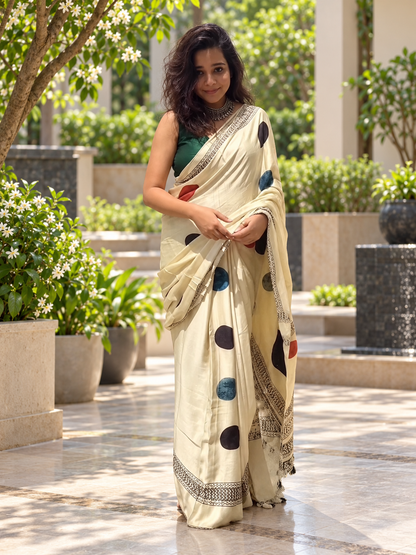 Trendy Cream Hand Block Printed Modal Silk Saree