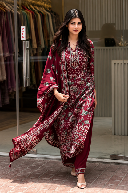 Designer Wine Soft Muslin Digital Floral Salwar Suit Set