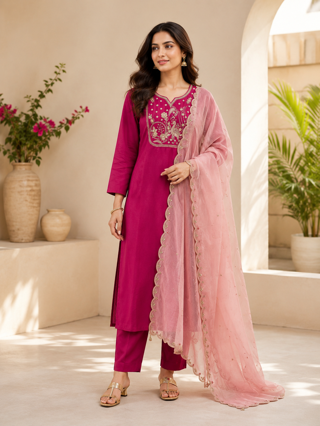New Designer Magenta Premium Roman Silk Embroidered Suit Set