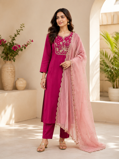 New Designer Magenta Premium Roman Silk Embroidered Suit Set