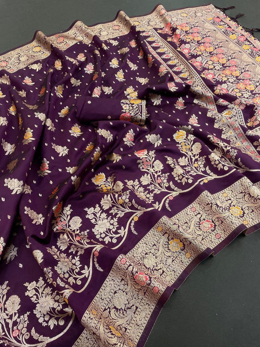 Very Beautiful Wine Woven Silk Saree with Gold Zari Floral Weave