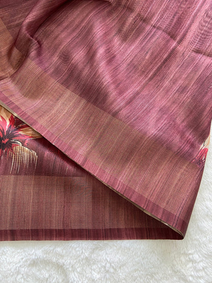 Elegant Maroon Floral Prints Soft Tussar Silk Saree with Tassel Pallu