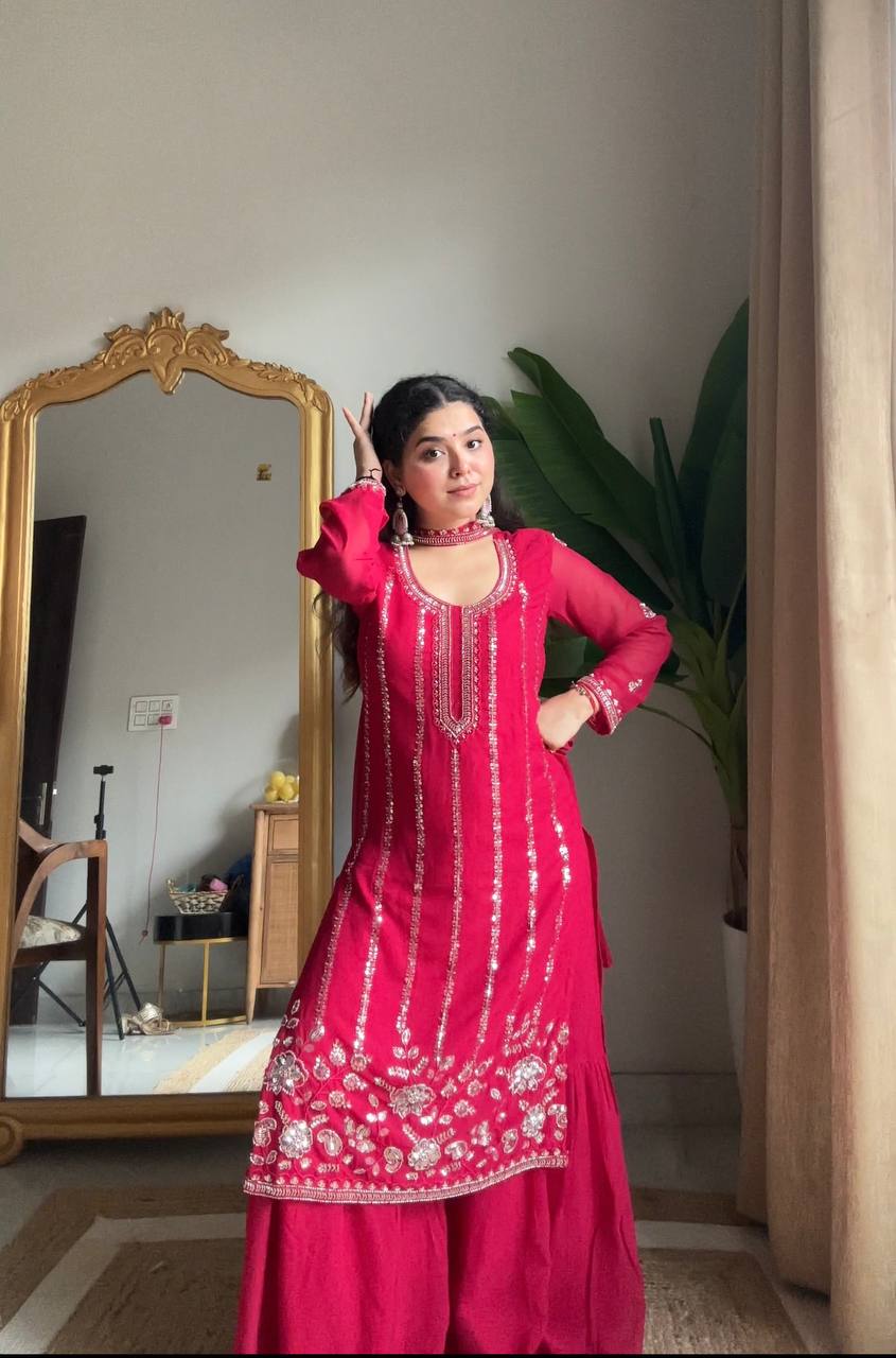 Premium Rani Pink Georgette Sharara Suit with Heavy Sequin Embroidery Work