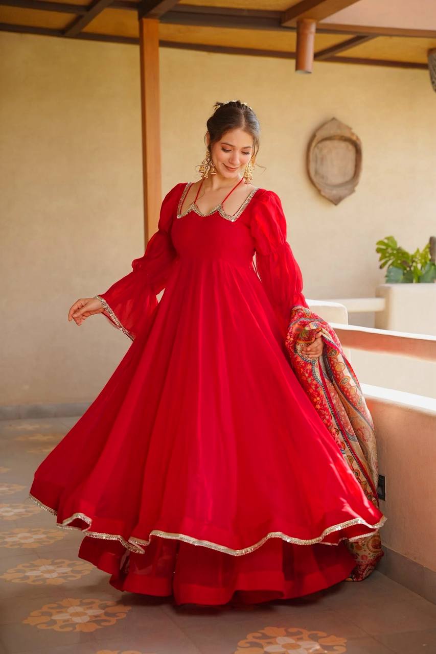 Premium Red Tabby Silk Anarkali Suit With Printed Dupatta