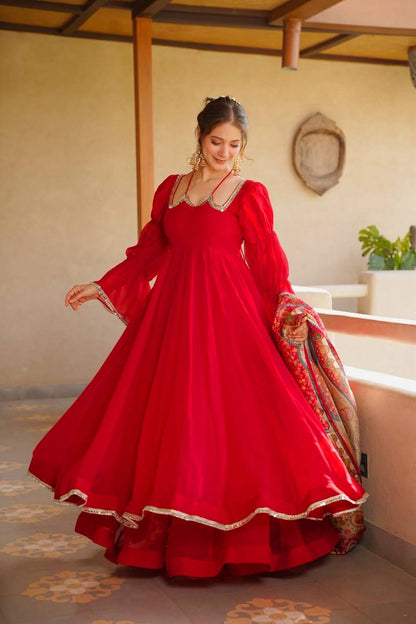 Premium Red Tabby Silk Anarkali Suit With Printed Dupatta