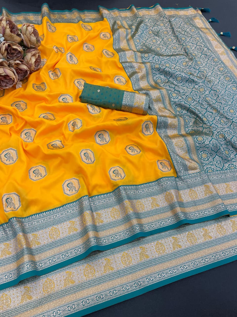Designer Yellow Silk Saree with Teal Green Designer Zari Border