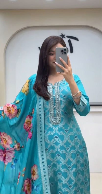 ELEGANT PURE BANARASI SILK JEQUARD WEAVING SUIT SET