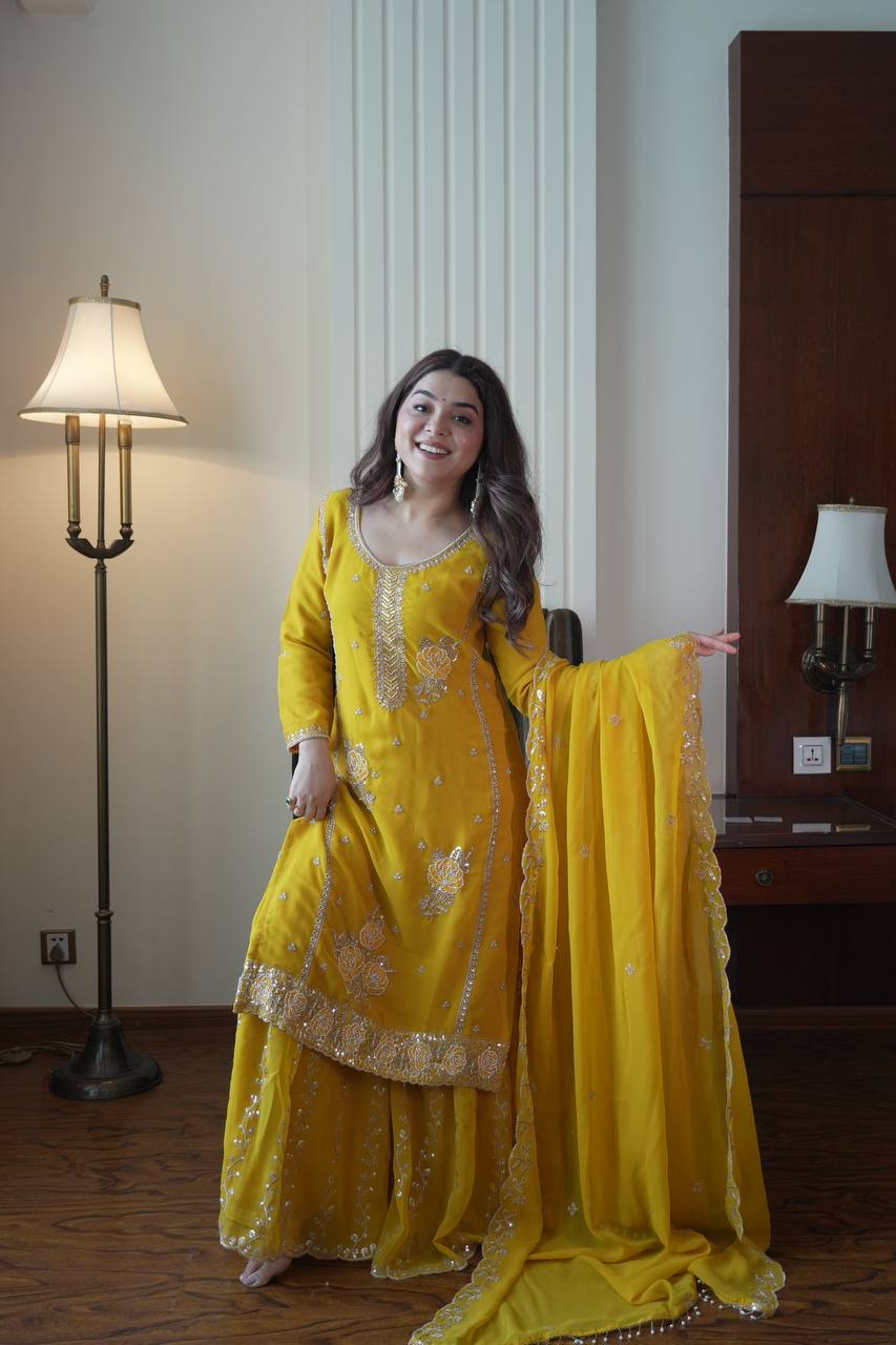 Designer Mustard Yellow Embroidered Fox Georgette Suit Set