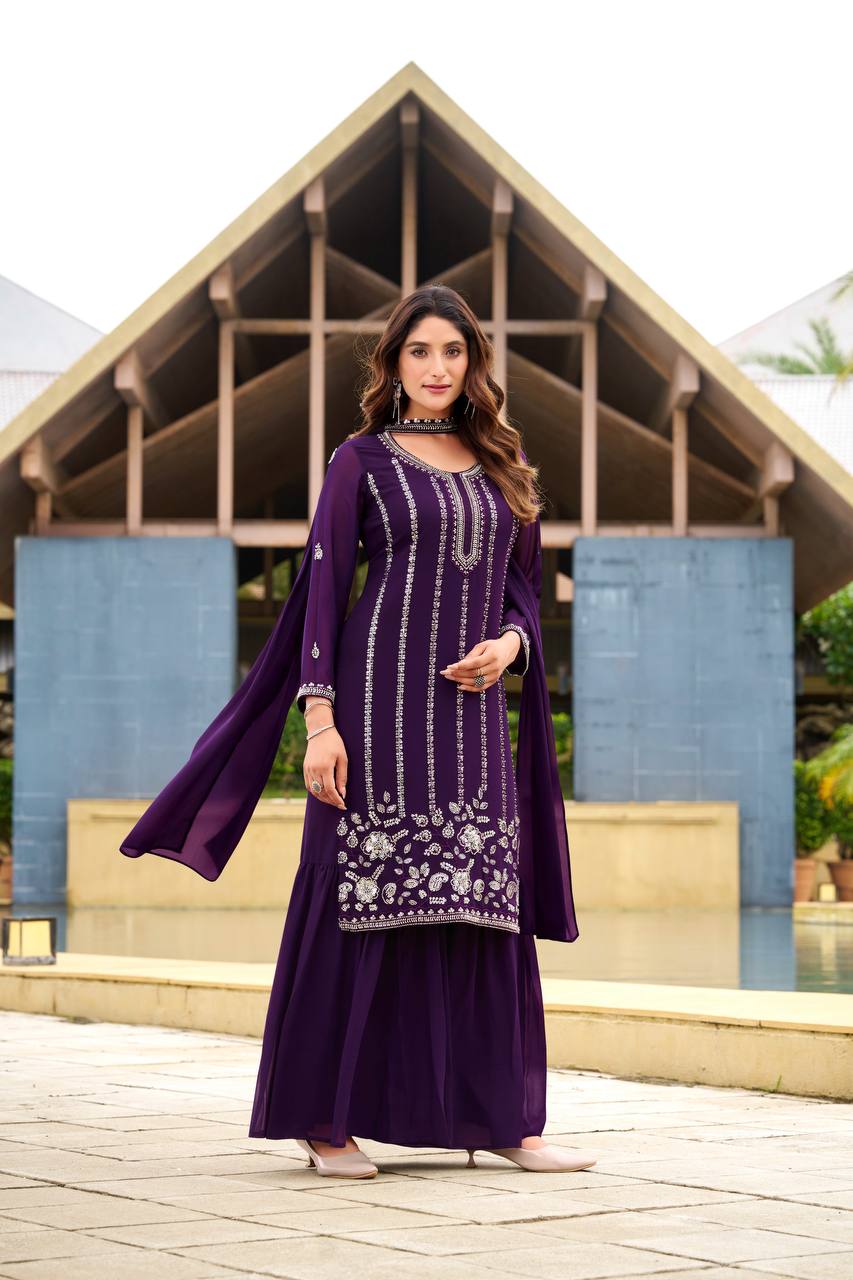 Royal Purple Georgette Embroidered Sharara Suit Set with Sequin Work
