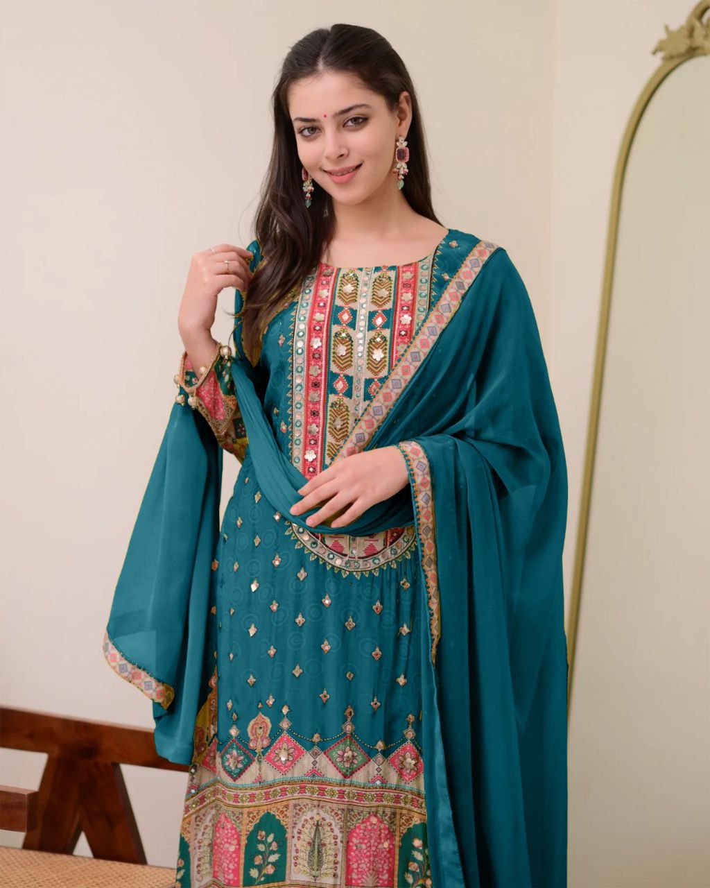 Royal Teal Shimmer Printed Suit Set with Fancy Mirror Work