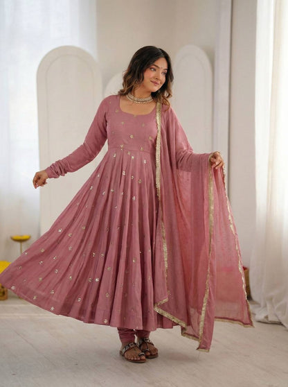 Premium Roman Silk Embroidered Anarkali Suit Set