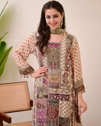 Festive Olive Green Patchwork Printed Chinon Suit Set with Fancy Mirror Work