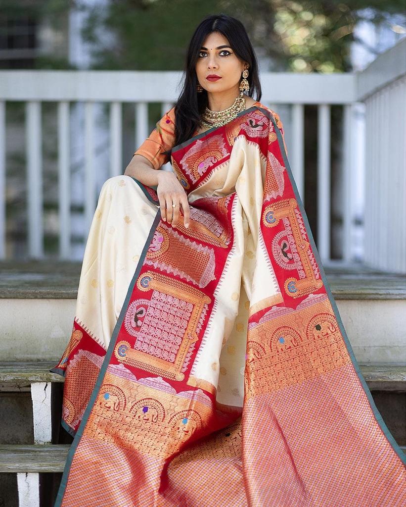White & Red Soft Banarasi Silk Saree With Zari Weaving Work
