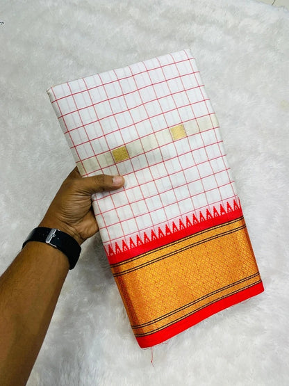 Exclusive White & Red Chex Woven Cotton Silk Saree With Gold Zari Waving Work