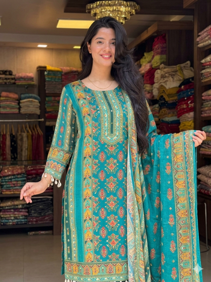 Elegant Teal Printed Chinon Suit Set with Fancy Mirror Work