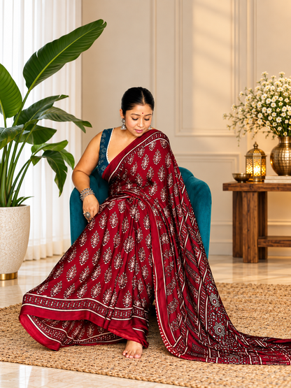 Lovely Maroon Handcrafted Modal Silk Ajrakh Saree