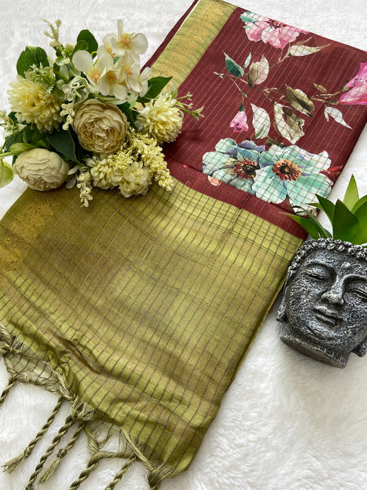 Charvi Maroon-Olive Floral Print Soft Tussar Silk Saree