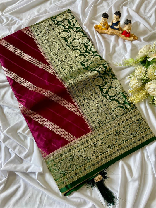 Mahira - Wine & Bottle Green Pure Banarasi Silk Saree with Rich Gold Zari Weaving