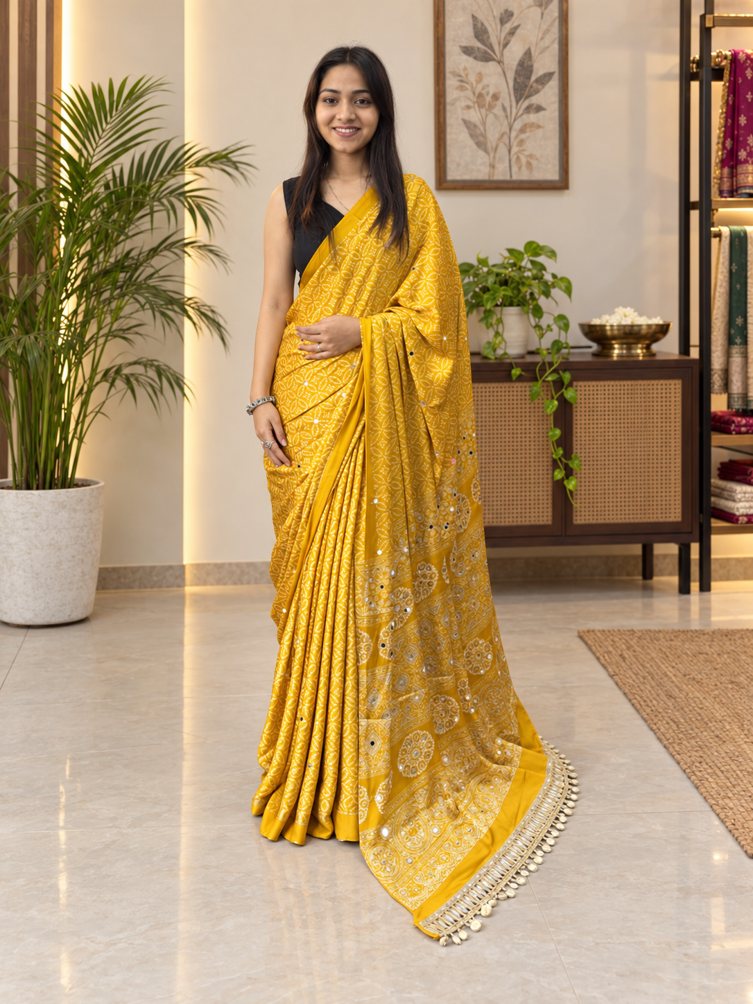 Festive Mustard Premium Gajji Silk Saree - Traditional Print with Real Mirror Work